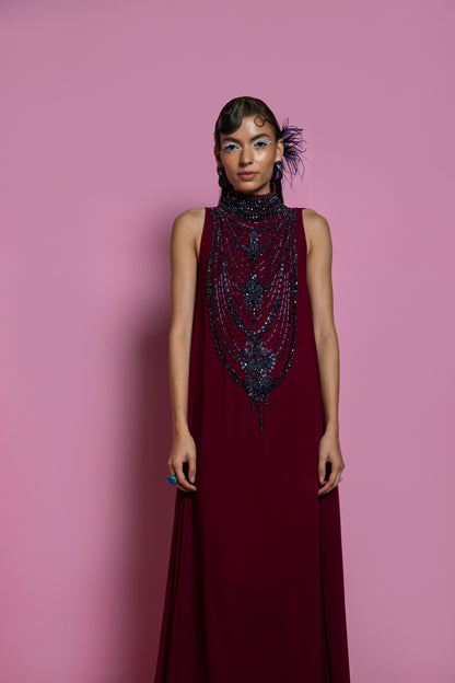 Wine Viscose Georgette Gown