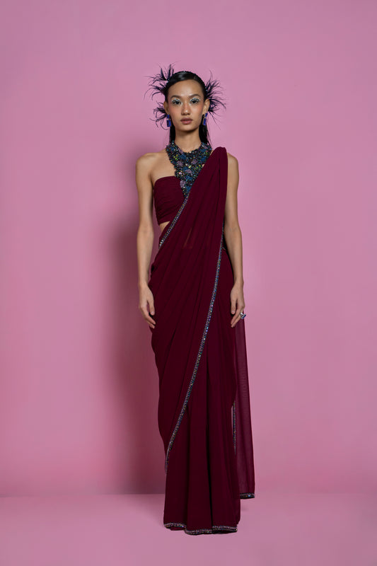 Wine Tulle Saree Set