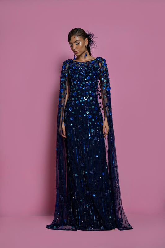 Dark Blue Net Embellished Gown