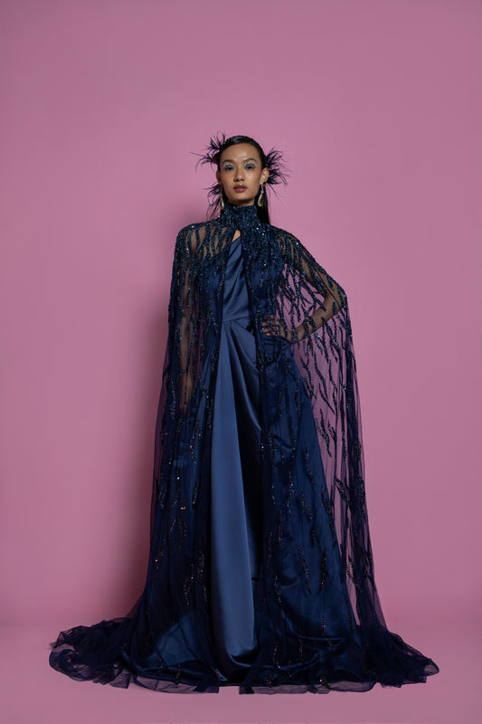 Dark Blue Satin Draped Gown With Cape