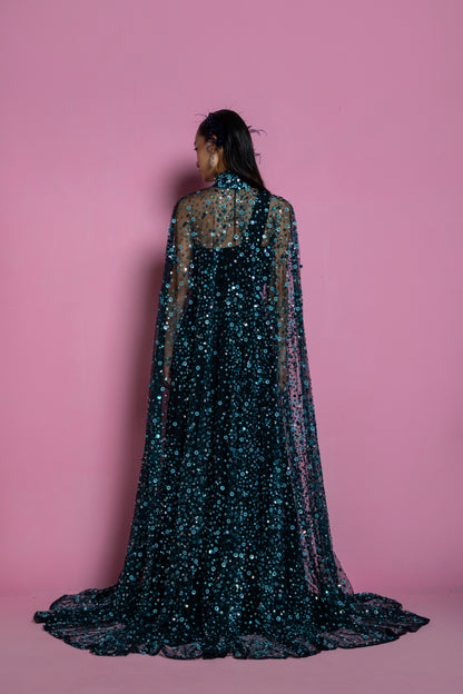 Dark Teal Georgette Gown With Cape