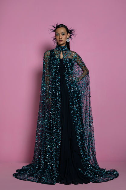 Dark Teal Georgette Gown With Cape