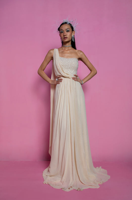 Off-White Satin Chiffon Draped Saree Gown